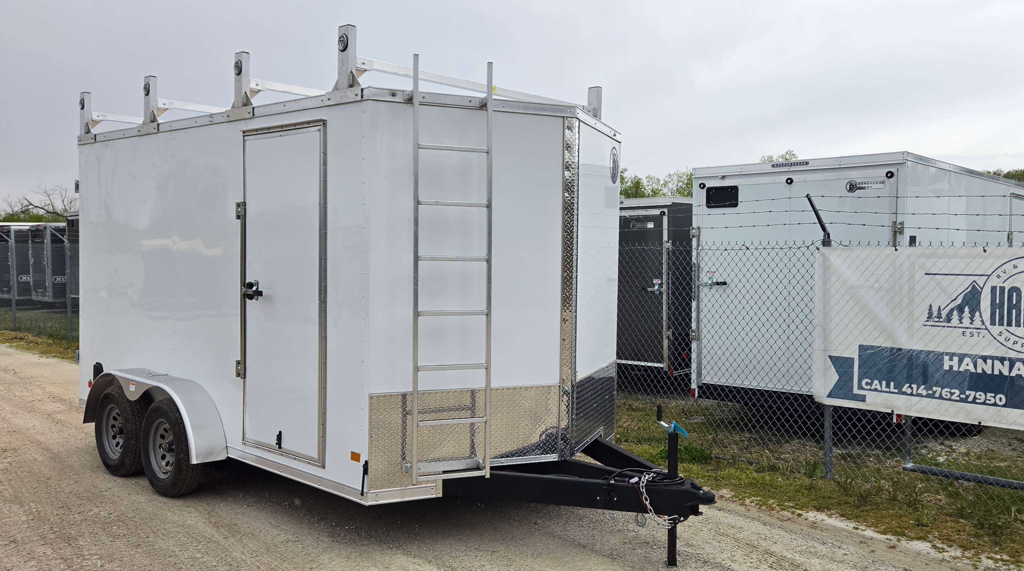 DarkHorse 7X14 Wedge Nose Tandem Axle Steel Contractor Cargo Trailer with Double Rear Doors, 12" Extra Height - 2500 Series - White